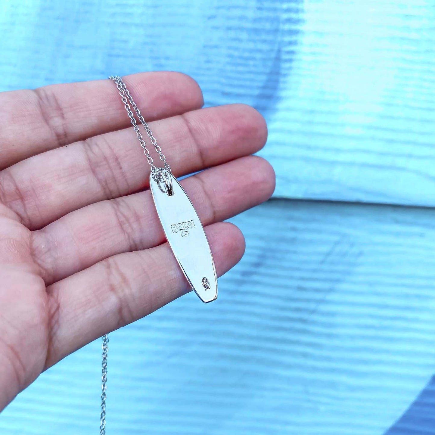 SILVER LONGBOARD SURFBOARD NECKLACE MADE BY BORN TO ROCK JEWELRY