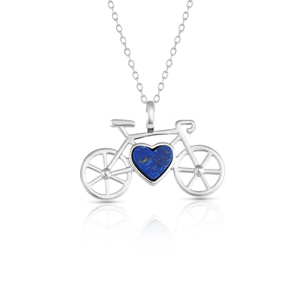 Bike Pendant Necklace in Silver Plated with a heart shaped Lapis Lazuli Blue Gemstone made by Born to Rock Jewelry | Great gift for bikers