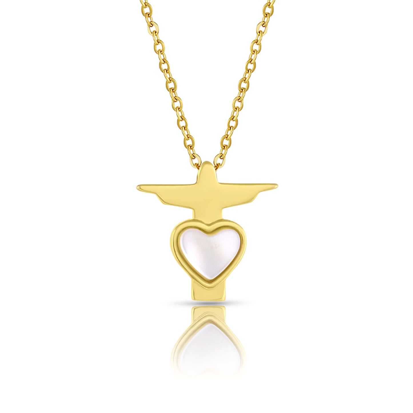 Christ the Redeemer Pendant Necklace in yellow gold plated with a heart shaped mother of pearl made by Born to Rock Jewelry