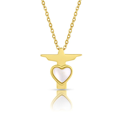 Christ the Redeemer Pendant Necklace in yellow gold plated with a heart shaped mother of pearl made by Born to Rock Jewelry