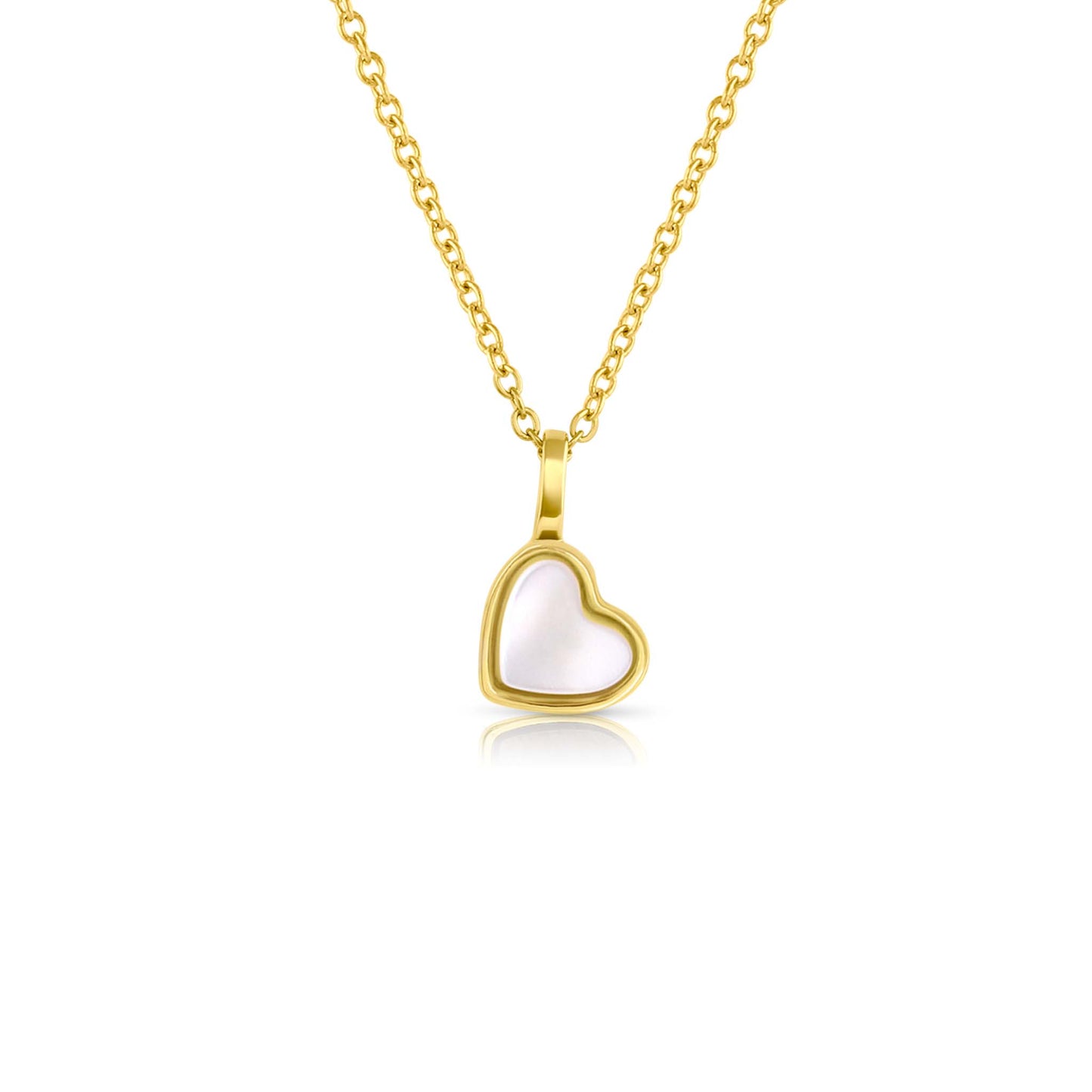 Yellow Gold plated charm necklace with a heart shaped mother-of-pearl pendant. Wedding and bridal jewelry. Great gift fro brides, bridesmaid and maid of honor made by Born to Rock . Jewelry store based in San Diego California