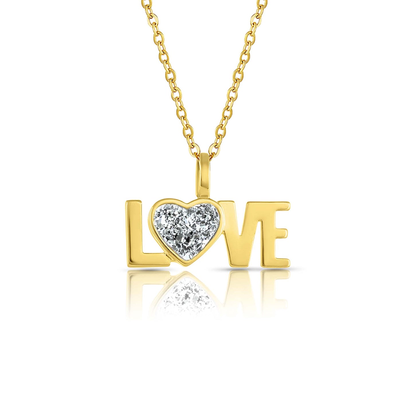 18kt Yellow Gold Love word charm necklace with a heart shaped natural Quartz Druzy Crystal made by Born to Rock. Online Jewelry store based in San Diego California