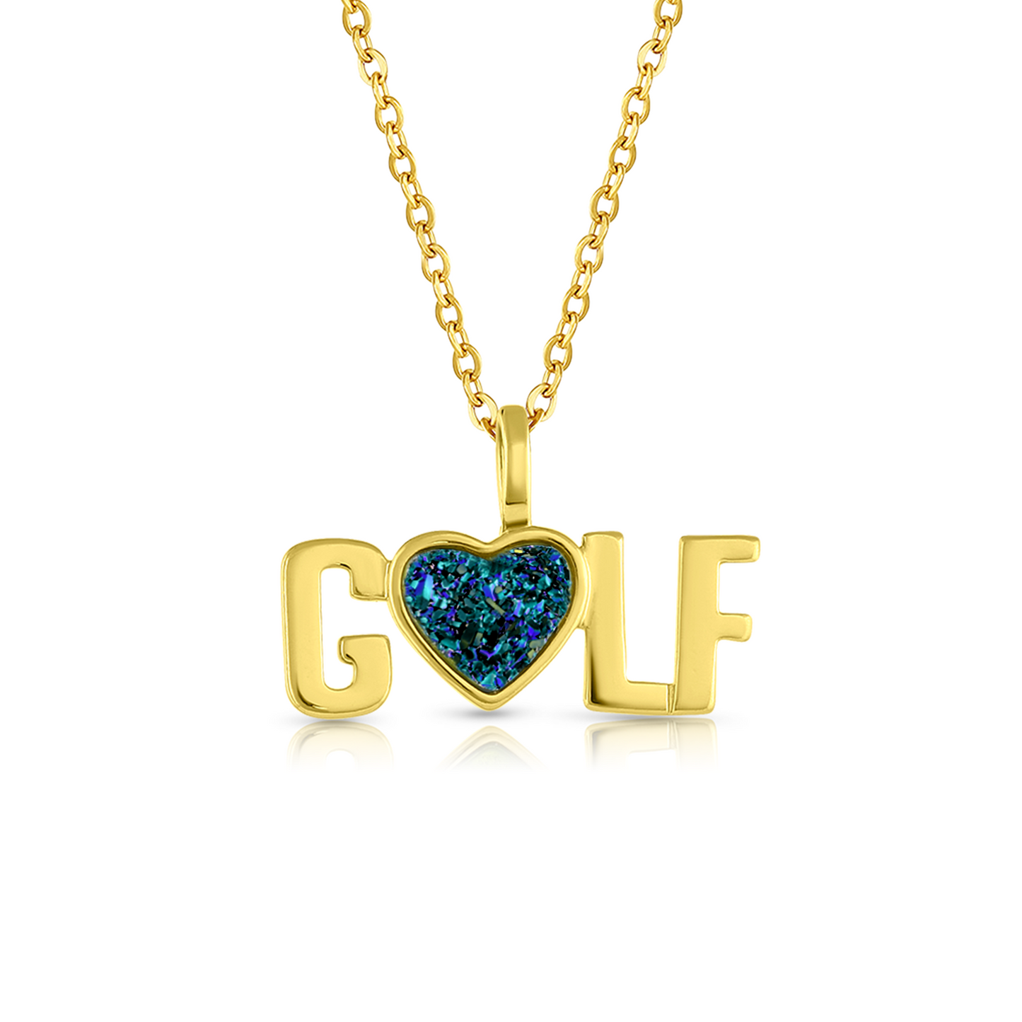 Yellow Gold plated Golf necklace with a heart shaped natural quartz druzy teal colored gemstone  made by Born to Rock Jewelry