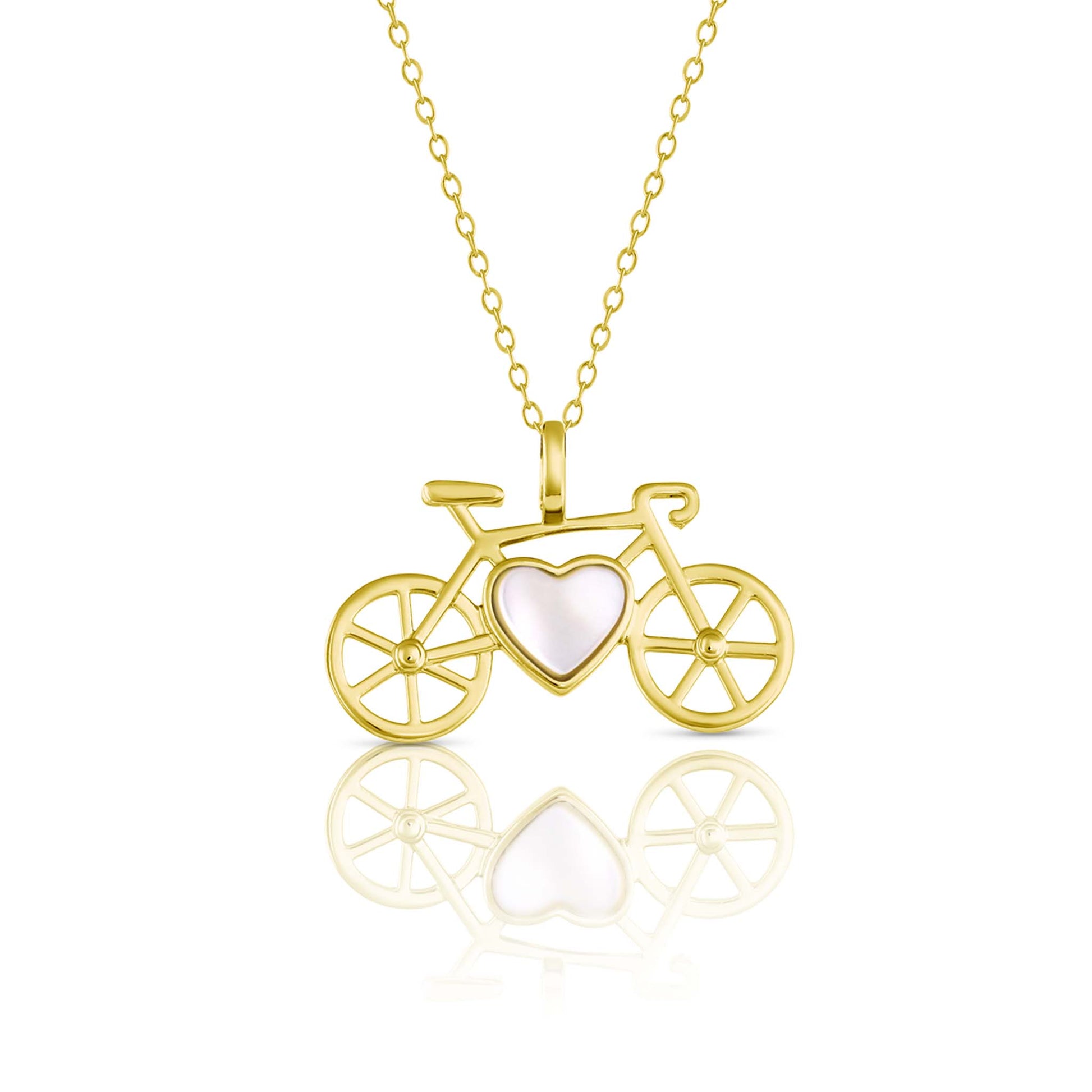 Bike Pendant Necklace in Silver Plated with a heart shaped Mother-of-Pearl Gemstone made by Born to Rock Jewelry | Great gift for bikers