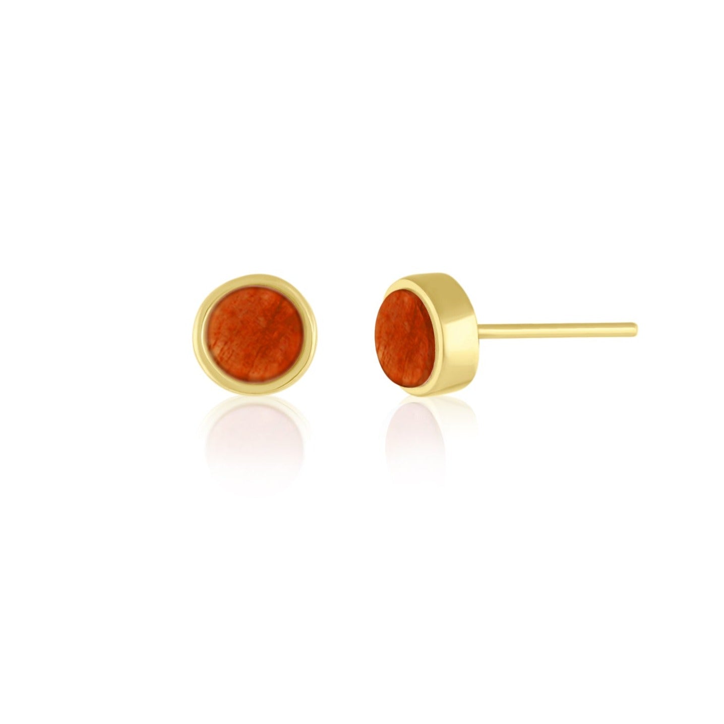 5mm Round Stud Yellow Gold Plated Earrings in Orange Dyed Feldspar Natural Gemstone Made by Born to Rock Jewelry Based in San Diego California5mm Round Stud Yellow Gold Plated Earrings in Orange Dyed Feldspar Natural Gemstone Made by Born to Rock. Online Jewelry Based in San Diego California