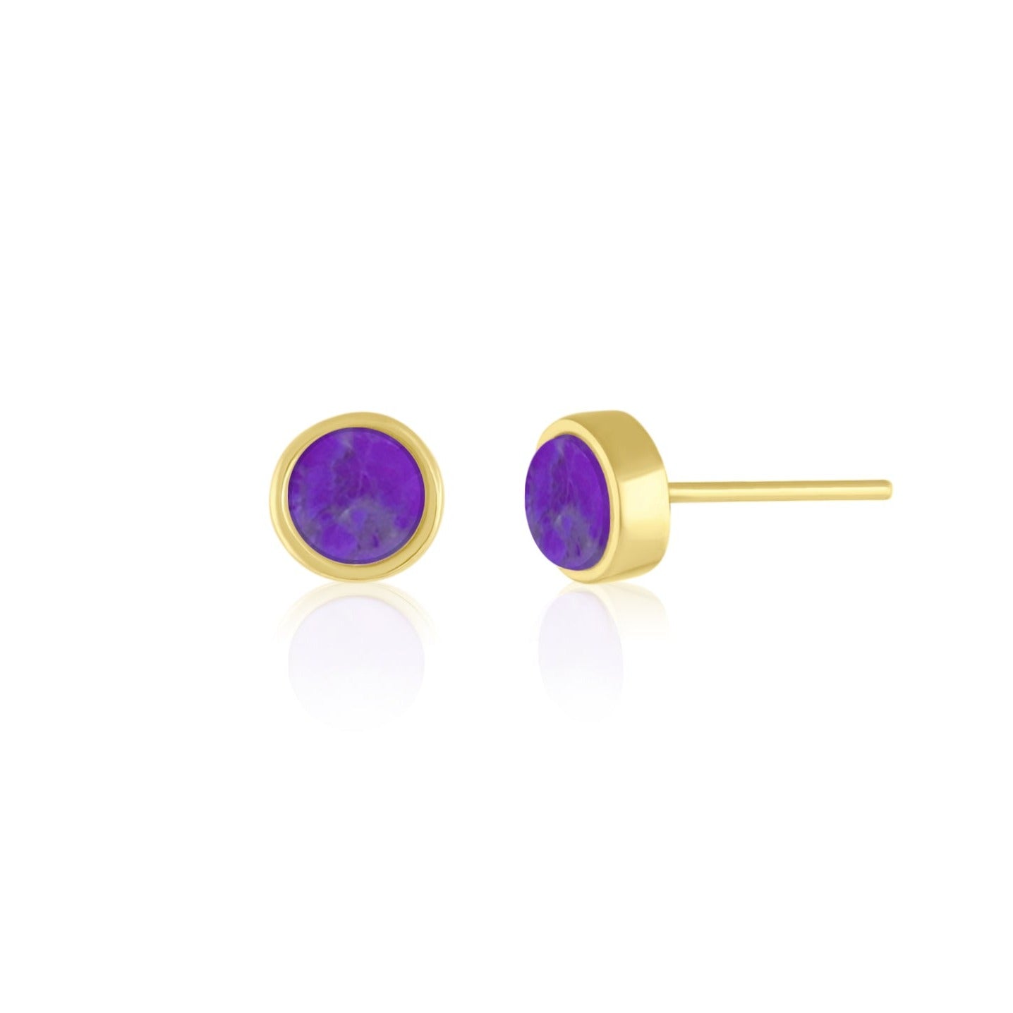 5mm Yellow Gold Plated Round Stud Earrings in Purple Violet Howlite Natural Gemstone made By Born To Rock. Online Jewelry Store Based in San Diego California