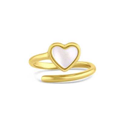 Yellow gold adjustable ring with a heart shaped mother-of-pearl. Wedding and bridal jewelry. Great gift for brides, bridesmaid and maid of honor. Made by  Born to Rock. Online Jewelry store based in San Diego California