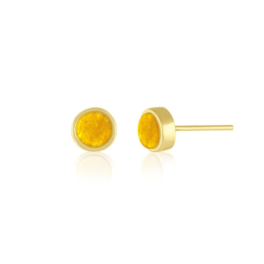 5mm Round Stud Yellow Gold Plated Earrings in Yellow Dyed Feldspar Natural Gemstone Made by Born to Rock. Online Jewelry Based in San Diego California